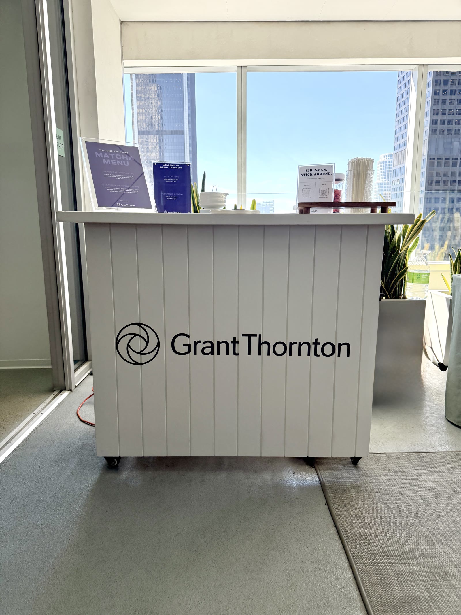 Branded matcha cart at a corporate office event