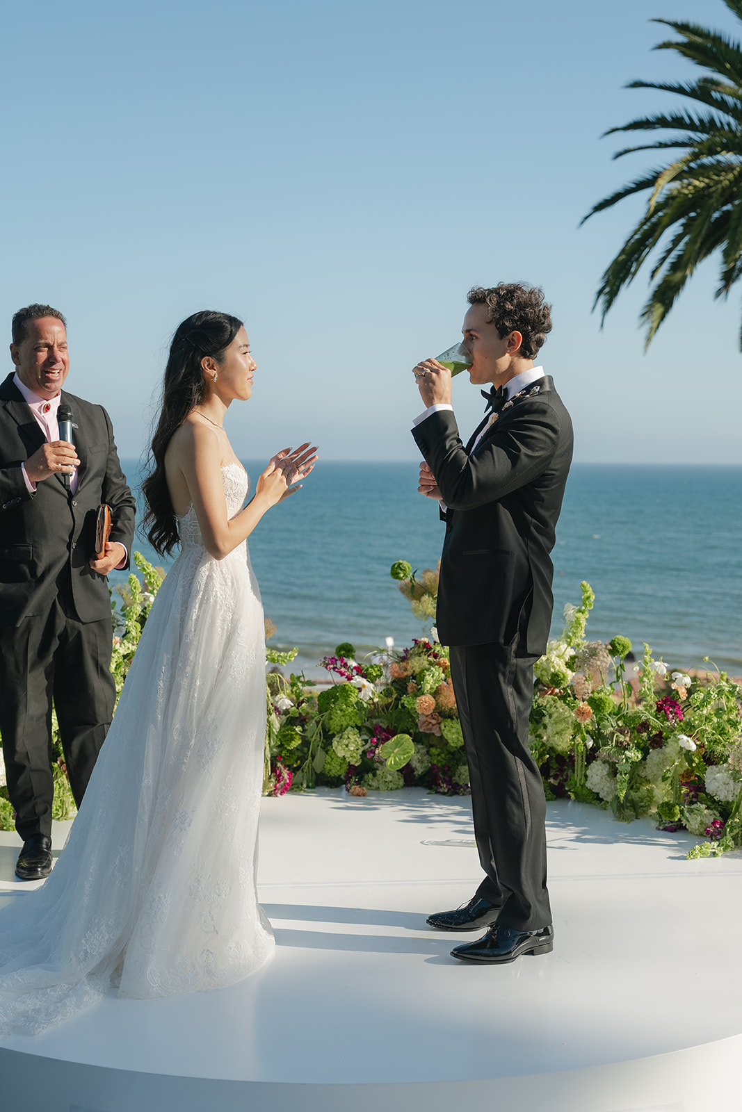 Groom drinking matcha during a Bel-Air Bay Club wedding ceremony